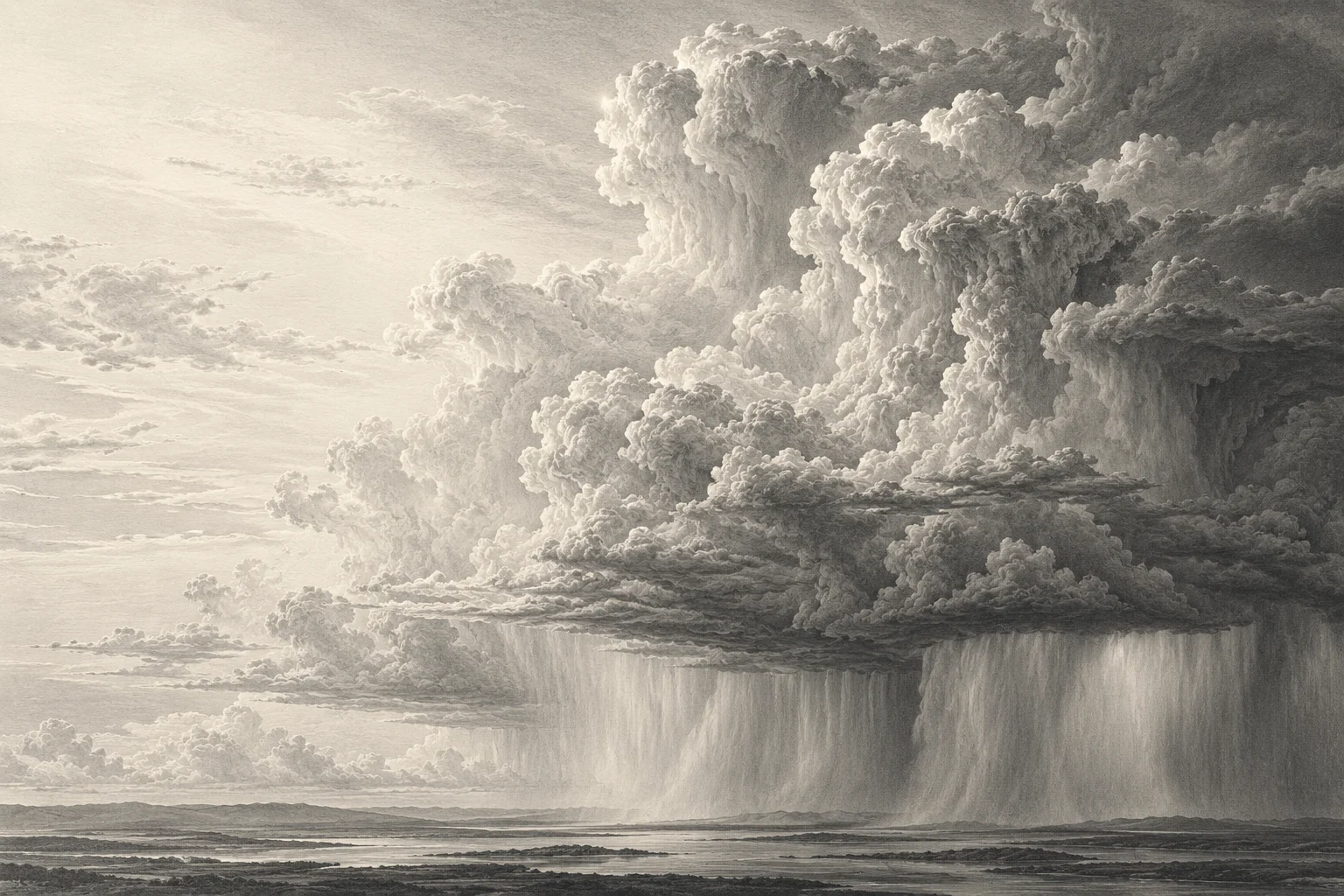 Sculptural graphite relief of monsoon clouds